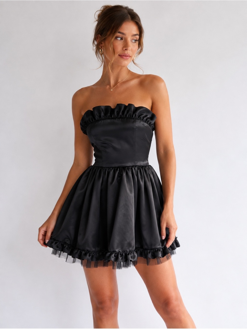 Zara TRF Black Satin Strapless Dress with Ruffle/Tutu underlay| Small